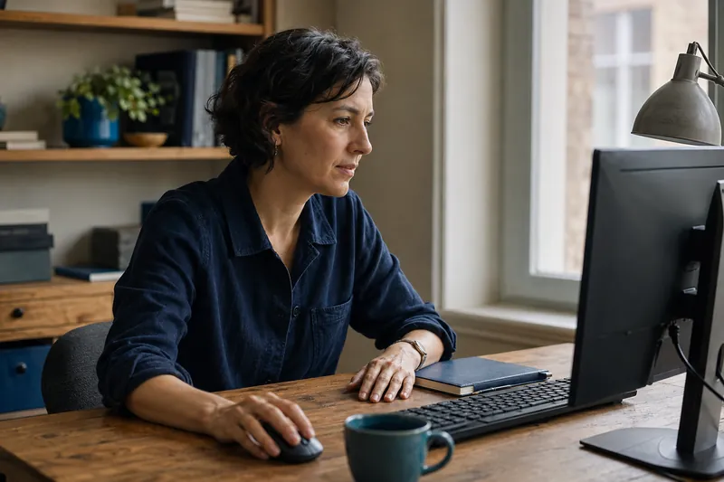 Illustrative scene of a woman reviewing information at a computer.